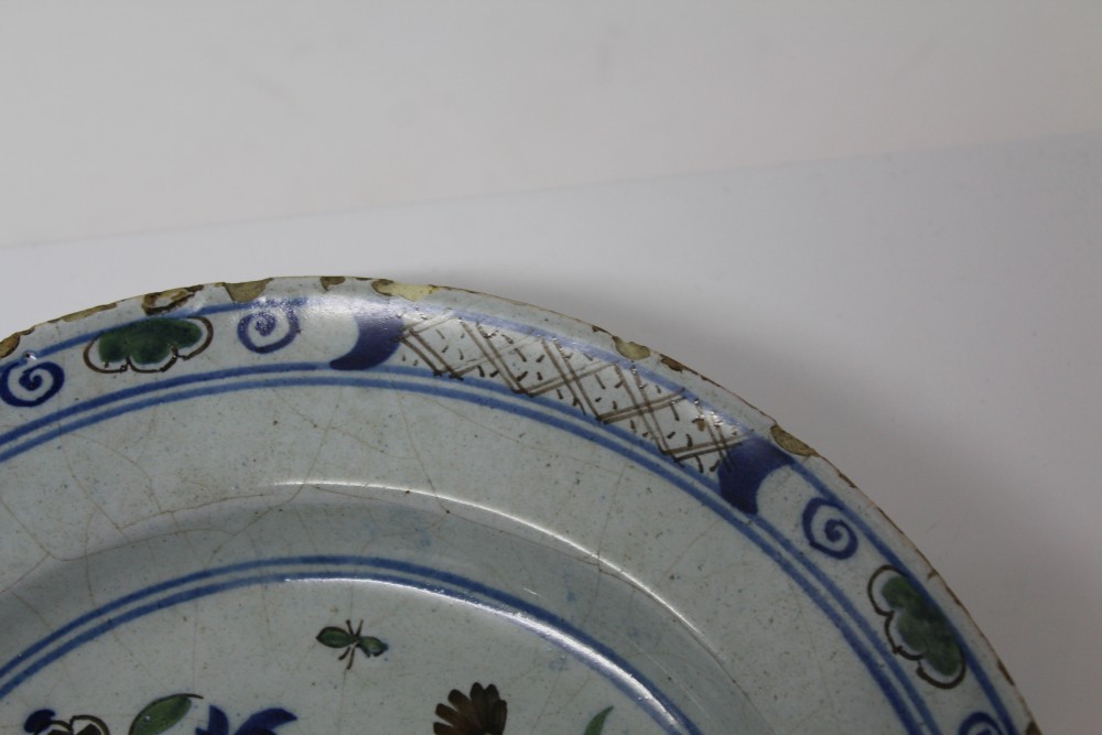 18th century English Delft blue and white allegorical subject plate painted in green, - Image 8 of 16