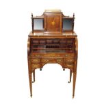 Fine quality Edwardian rosewood and parquetry inlaid cylinder writing desk with brass galleried