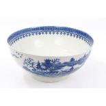 18th century Worcester blue and white bowl printed with Fisherman and Cormorant pattern decoration