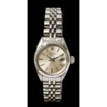 Ladies' Rolex Oyster Perpetual Date stainless steel wristwatch with silvered dial, screw-down crown,