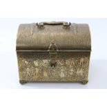 19th century mediaeval-style casket of domed form, on compressed bun feet,