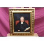 19th century English School oil on board - portrait of a seated clergyman with Bible, in gilt frame,
