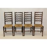 Set of nine late 19th / early 20th century rush-seated ladder back chairs of typical form,