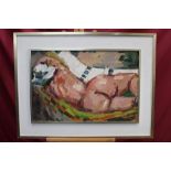 Peter Collins, pair oils on board - reclining female nudes, 50cm x 75cm,