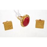 Chinese yellow metal and coral dress ring and pair Chinese yellow metal cufflinks