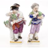 Pair late 19th century Meissen porcelain figures of a boy playing a flute and a gardener taking