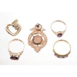 Three gold and gem set dress rings,