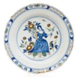 18th century English Delft blue and white allegorical subject plate painted in green,