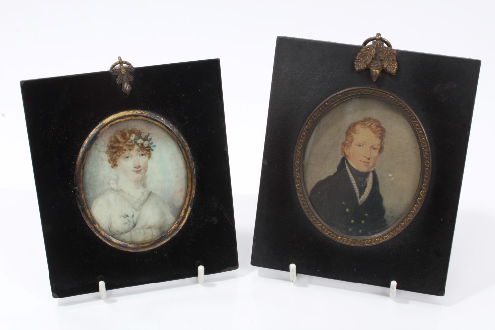 Regency miniature on ivory of a young lady with flowers in her hair, in ebonised frame,