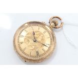 Late Victorian gold (18k) open face fob watch with gilt dial and stem-wind movement,