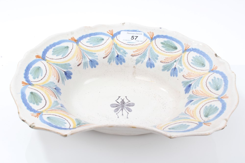 Early 19th century Continental faience pottery barbers' bowl with polychrome floral and insect
