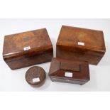 Victorian burr walnut workbox, the hinged cover centred by inlaid heraldic shield, 30cm wide,