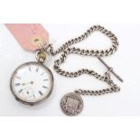 Gentlemen's silver open face pocket watch with silver Albert chain with fob