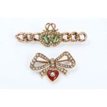 Victorian green stone and seed pearl sweetheart brooch with two interlocking hearts,