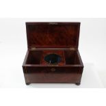 Early Victorian mahogany and brass inlaid tea caddy of rectangular form, on squat bun feet,