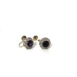 Pair amethyst and diamond cluster earrings,