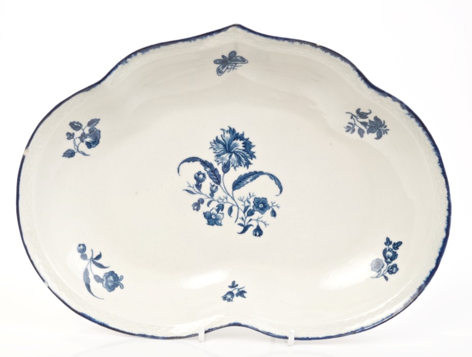 18th century Worcester blue and white kidney-shaped dish with printed floral spray decoration,