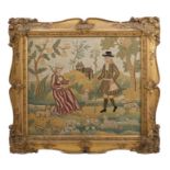 Fine 19th century or earlier needlework picture depicting a shepherd and shepherdess in a landscape,