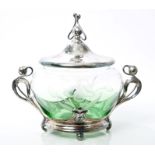 Early 20th century WMF mounted etched green glass sugar bowl of circular form,