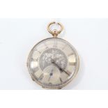 Gentlemen's gold (14k) open face pocket watch with silvered dial and key-wind movement,