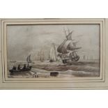 William Joy (1803 - 1867), monochrome watercolour - Fishing Boats Landing At Yarmouth,