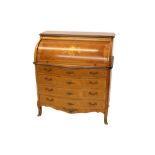 Good quality early 19th century-style Continental cylinder bureau with floral inlaid roll-front