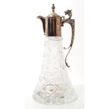 Contemporary silver mounted cut glass claret jug of tapering form, with hobnail cut decoration,