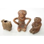 Three Ancient pre-Columbian pottery figure vessels - including two seated human figures and