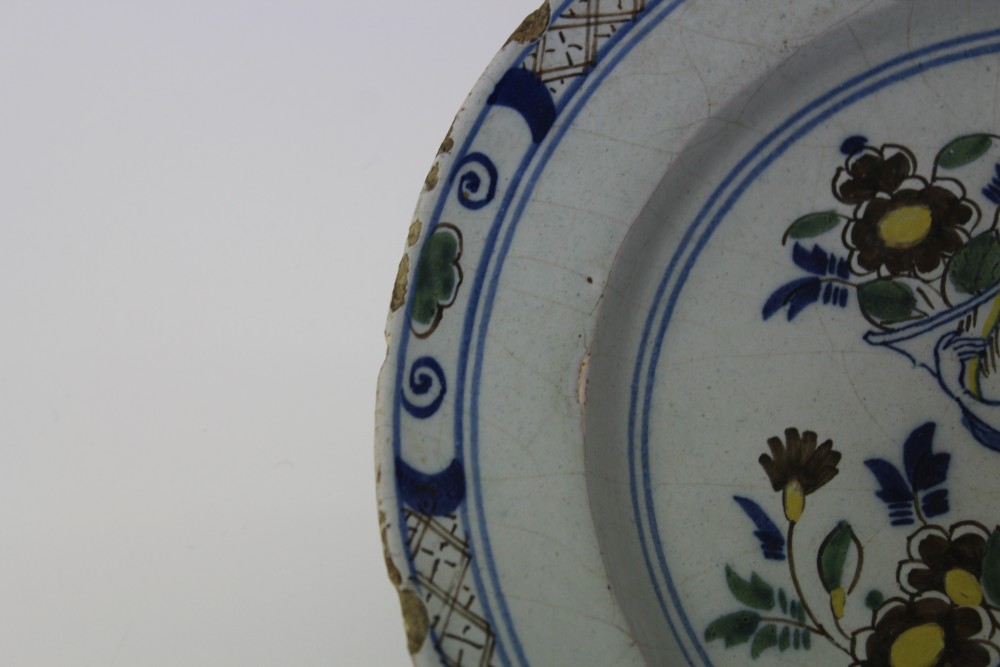 18th century English Delft blue and white allegorical subject plate painted in green, - Image 10 of 16