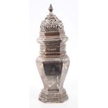 1930s silver sugar caster of octagonal baluster form,