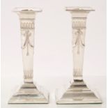 Pair early George V silver neoclassical-style candlesticks of tapering form,