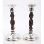 Pair 1920s wooden barley-twist candlesticks with silver mounts (Birmingham 1924), maker - N. & D.