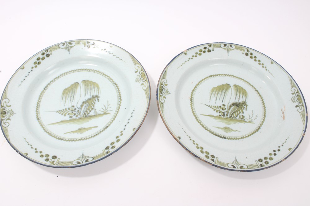 Pair 18th century Delft green tin glazed pottery chargers with Chinese tree,