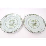 Pair 18th century Delft green tin glazed pottery chargers with Chinese tree,