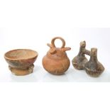 Three Ancient pre-Columbian pottery vessels - including turtle-head double-spouted ewer,