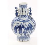 19th century Chinese blue and white moon flask with pierced handles and figure and floral