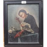 Mid-18th century Naive School oil on canvas laid on board - religious figure with crucifix, framed,