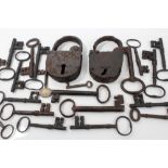 Collection of antique iron keys and padlocks,