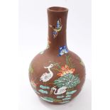 Chinese terracotta pottery bottle vase with enamelled bird and floral decoration - seal mark to