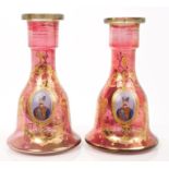 Pair late 19th century Bohemian ruby overlaid glass hookah bases with painted enamelled portraits