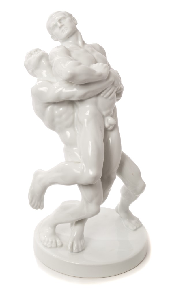 Good quality Herend blanc-de-chine porcelain figure group of muscular nude male wrestlers,