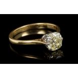 Diamond single stone ring, the old cut diamond of pale-yellow tint,