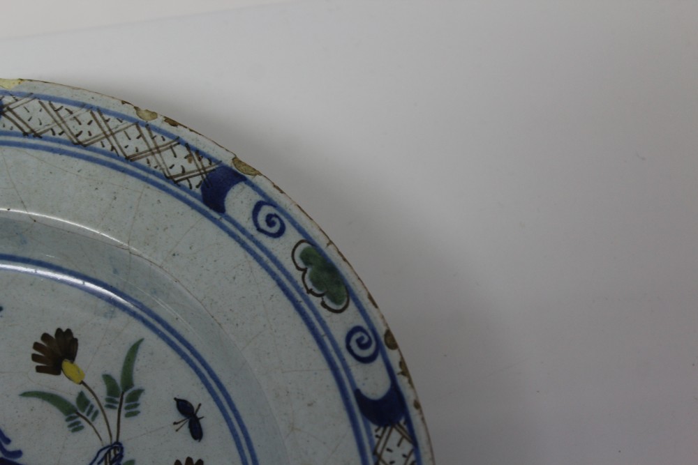 18th century English Delft blue and white allegorical subject plate painted in green, - Image 7 of 16