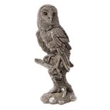 Contemporary silver model of an owl perched on a tree stump, signed - Langford and C.A.