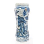 17th century Italian albarello blue and white Majolica drug jar of waisted form,