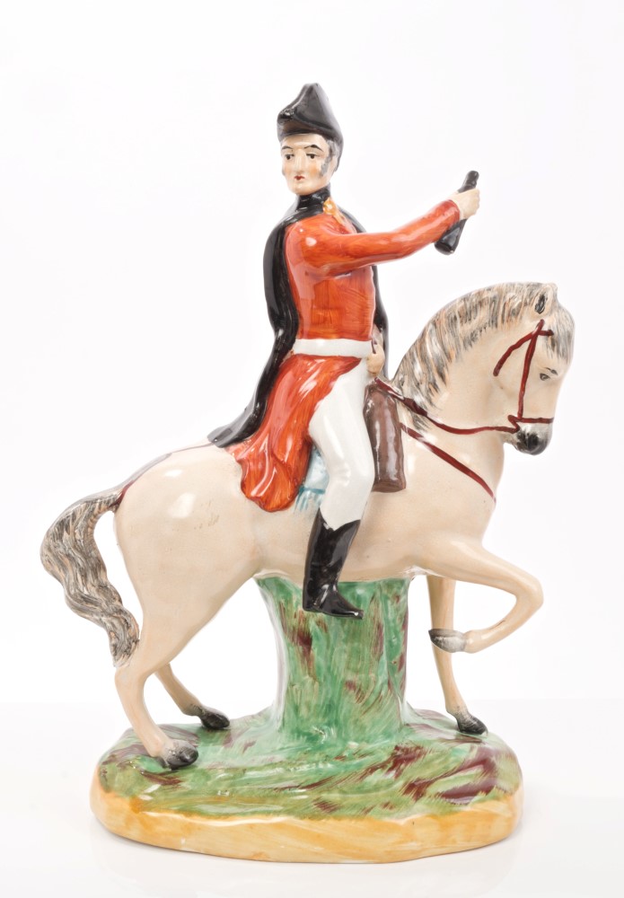 Victorian Staffordshire figure of Lord Wellington in uniform, on horseback,