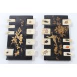 Pair of Japanese black lacquer and ivory Shibayama whist markers of typical form,