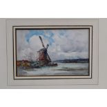 Edward Aubrey Hunt (1855 - 1922), watercolour - windmill beside a river, signed,