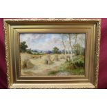 William Graham Buxton, pair oils on canvas - a harvest scene and a bluebell wood, signed,