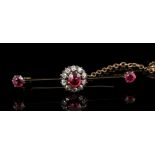 Late Victorian ruby and diamond cluster bar brooch,